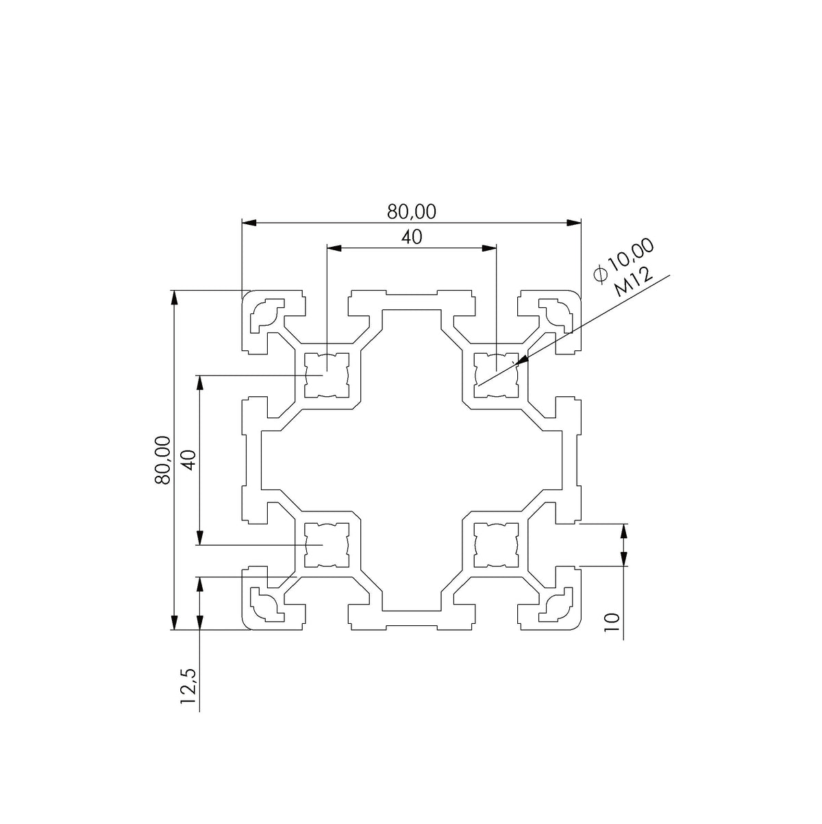 Profil 80 x 80 L  Nut 10